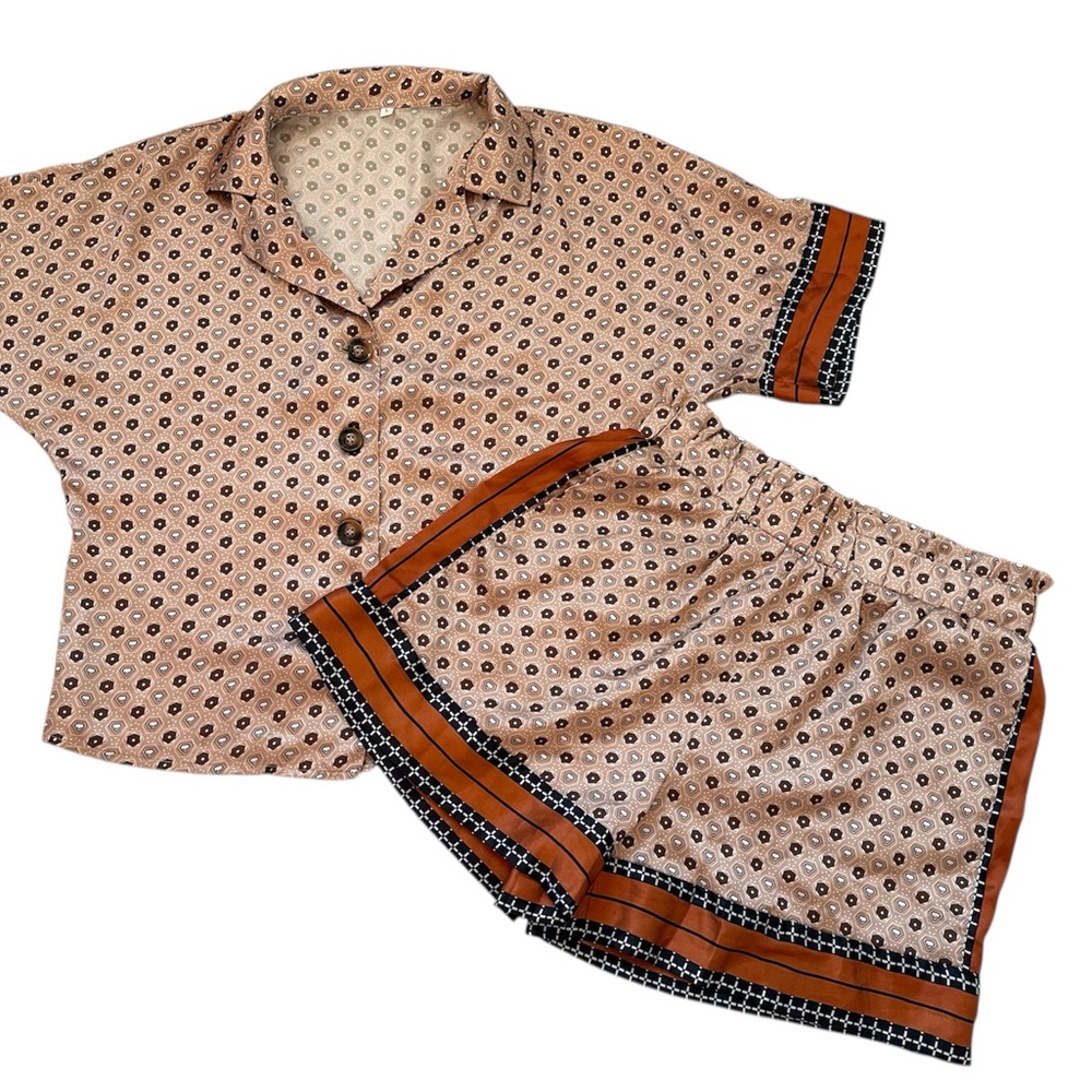 Patterned Button-Up Shirt and Shorts Set